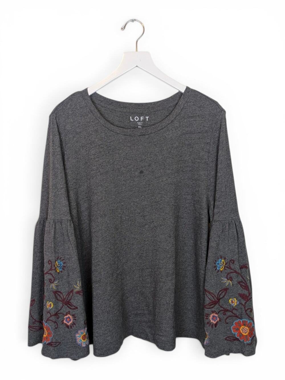 LOFT Top Embroidered Floral Bell Sleeves Gray - Size XL